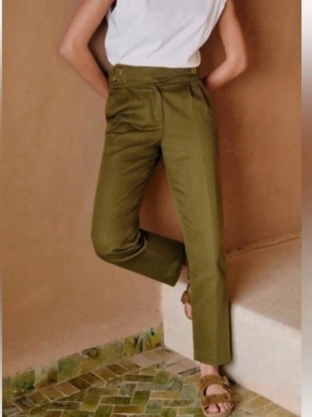Sezane Francky Trousers Blend Cotton Linen Blend Size 2 Olive Green Carrot Cut